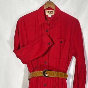 Vtg EJM Petite Dress Midi Corduroy Belted Button Long Sleeve Women 10 P Red